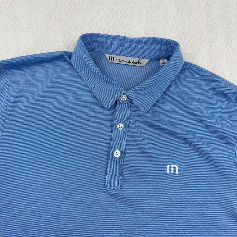 TravisMathew Mens L Short Sleeve Pima Cotton Golf Polo Blue Athleisure Logo